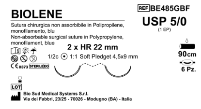 Sutura Biolene HR 22 USP 5-0 - EP 1 90 cm Blue Doub.Arm. Pled. Soft 4.5X9 Box 6Blister