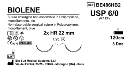 Sutura Biolene HR 22 USP 6-0 - EP 0.7 120 cm Blue Double Armed  Box 36 pcs
