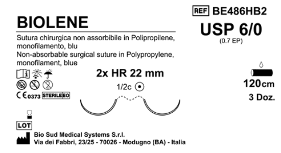 Sutura Biolene HR 22 USP 6-0 - EP 0.7 120 cm Blue Double Armed  Box 36 pcs