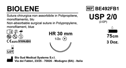 Sutura Biolene HR30 USP 2-0 - EP 3 75 cm Blue Box 36 pcs