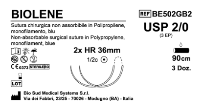 Sutura Biolene HR36 USP 2-0 - EP 3 90 cm Blue Double Armed  Box 36 pcs