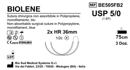 Sutura Biolene HR 36 USP 5-0 - EP 1 75 cm Blue Double Armed; Box 36 pcs