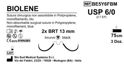 Sutura Biolene BRT 13 USP 6-0 - EP 0.7 75 cm Blue Doub.Arm.;Black Needle;Box36pcs