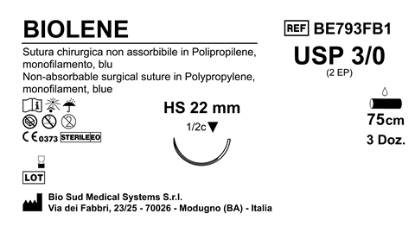 Sutura Biolene HS22 USP 3-0 - EP 2 75 cm Blue Box 36 pcs