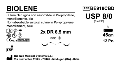Sutura Biolene DR 6.5 USP 8-0 - EP 0.4 45 cm Blue Double Armed  N.12 Bs. per Box