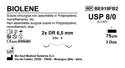 Sutura Biolene DR6.5 USP 8-0 - EP 0.4 75 cm Blue Double Armed  Box 36 pcs