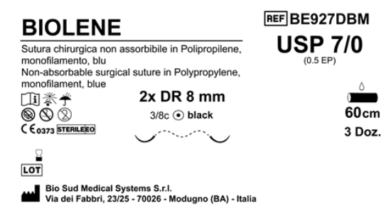 Sutura Biolene DR8 USP 7-0 - EP 0.5 60 cm Blue Doub.Arm. Black Needle Box 36 pcs