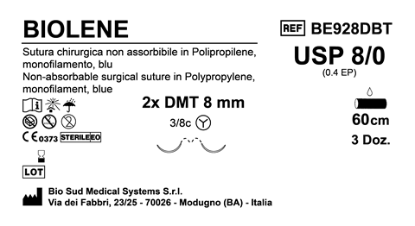 Sutura Biolene DMT8 USP 8-0 - EP 0.4 60 cm Blue Double Needle MicroTapercut Box 36 pcs
