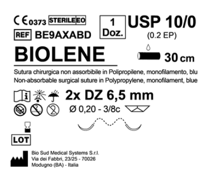 Sutura Biolene DZ 6.5 USP 10-0 - EP 0.2 30 cm Blue Double Armed  N.12 Bs. per Box