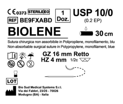 Sutura Biolene HZ 4 + GZ 16 USP 10-0 - EP 0.2 30 cm Blue Double Armed  N.12 Bs. per Box