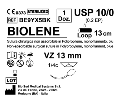 Sutura Biolene VZ 13 USP 10-0 - EP 0.2 13 cm Blue Loop  Box 12 pcs