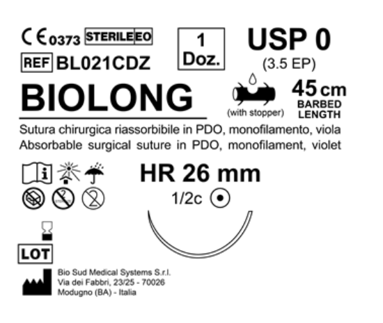 Sutura Biolong HR 26 USP 0 - EP 3.5 45 cm Violet Barbed Box 12 pcs