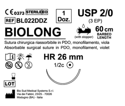 Sutura Biolong HR 26 USP 2-0 - EP 3 60 cm Violet Barbed Box 12 pcs