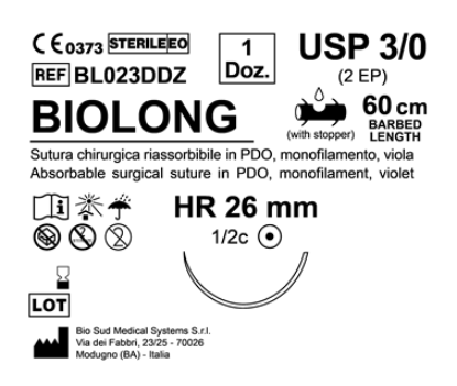 Sutura Biolong HR 26 USP 3-0 - EP 2 60 cm Violet Barbed Box 12 pcs