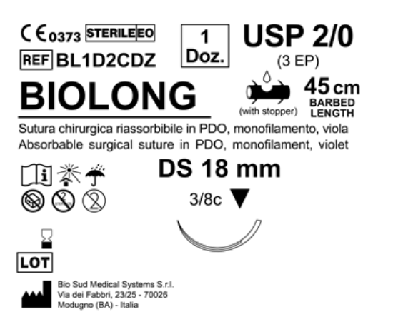 Sutura Biolong DS 18 USP 2-0 - EP 3 45 cm Violet Barbed Box 12 pcs