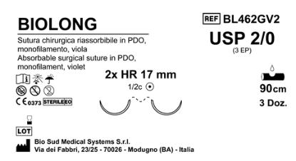 Sutura Biolong HR 17 USP 2-0 - EP 3 90 cm Violet Double Armed  Box 36 pcs