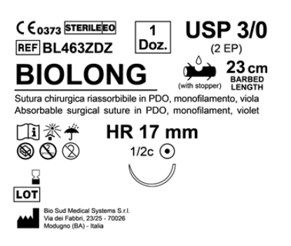 Sutura Biolong HR 17 USP 3-0 - EP 2 23 cm Violet Barbed Box 12 pcs