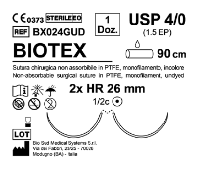 Sutura Biotex HR 26 USP 4-0  - EP 1.5 90 cm Undyed Double Armed  N.12 Bs. per Box