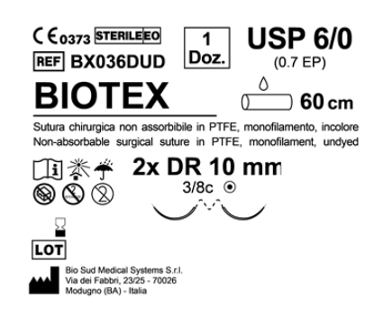 Sutura Biotex DR 10 USP 6-0 - EP 0.7 60 cm Undyed Double Armed  N.12 Bs. per Box