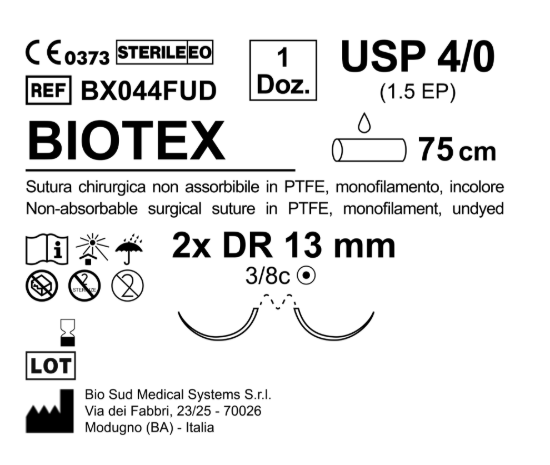 Sutura Biotex DR 13 USP 4-0  - EP 1.5 75 cm Undyed Double Armed  N.12 Bs. per Box