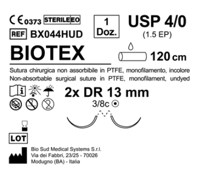 Sutura Biotex DR 13 USP 4-0  - EP 1.5 120 cm Undyed Double Armed  N.12 Bs. per Box