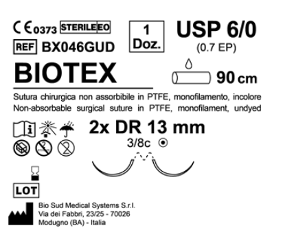 Sutura Biotex DR 13 USP 6-0 - EP 0.7 90 cm Undyed Double Armed  N.12 Bs. per Box