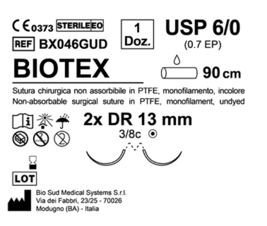 Sutura Biotex DR 13 USP 6-0 - EP 0.7 90 cm Undyed Double Armed  N.12 Bs. per Box