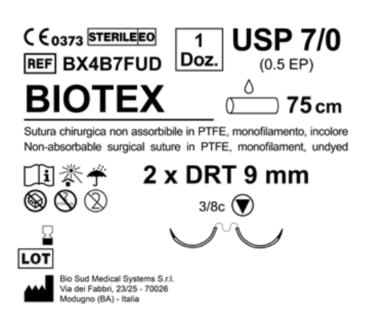 Sutura Biotex DRT 9 USP 7-0 - EP 0.5 75 cm Undyed Double Armed  N.12 Bs. per Box