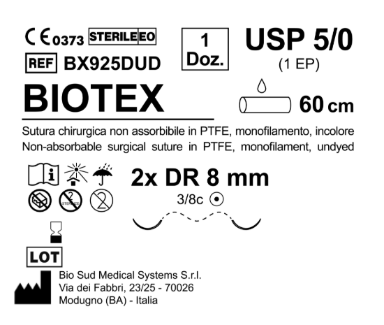 Sutura Biotex DR 8 USP 5-0 - EP 1 60 cm Undyed Double Armed; N.12 Bs. per Box