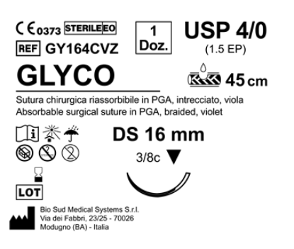 Sutura Glyco DS 16 USP 4-0  - EP 1.5 45 cm Violet Box 12 pcs