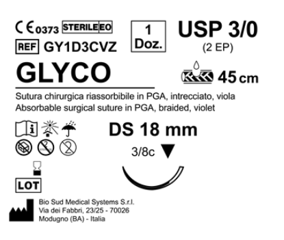Sutura Glyco DS 18 USP 3-0 - EP 2 45 cm Violet Box 12 pcs