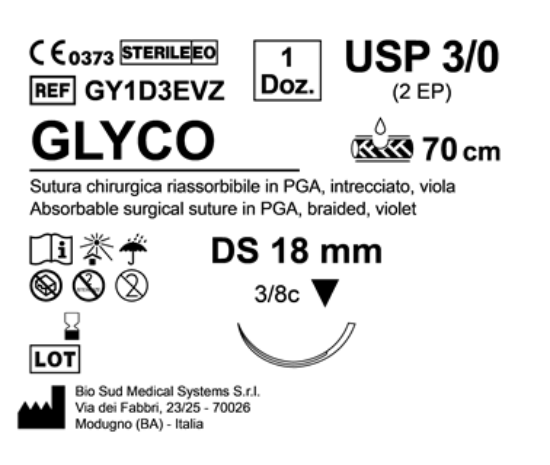 Sutura Glyco DS 18 USP 3-0 - EP 2 70 cm Violet Box 12 pcs