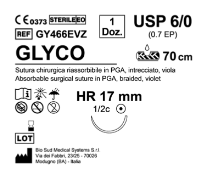 Sutura Glyco HR 17 USP 6-0 - EP 0.7 70 cm Violet Box 12 pcs
