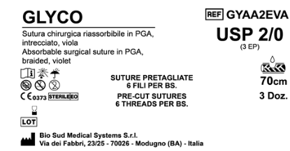 Sutura Glyco Precutted Sterile USP 2-0 - EP 3 70 cm Violet Bs. 36 x 6 Threads
