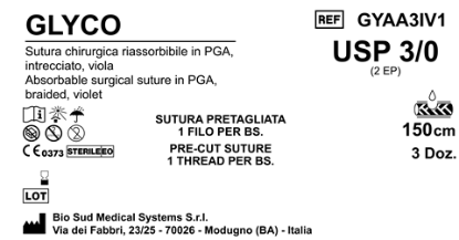 Sutura Glyco Precutted USP 3-0 - EP 2 150 cm Violet Box 36 pcs