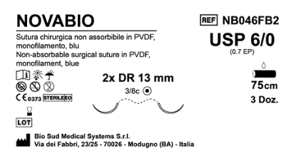 Sutura Novabio DR13 USP 6-0 - EP 0.7 75 cm Blue Double Armed  Box 36 pcs