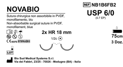Sutura Novabio HR18 USP 6-0 - EP 0.7 75 cm Blue Double Armed  Box 36 pcs