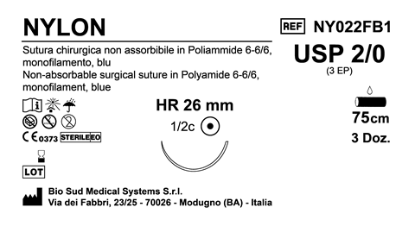Sutura Nylon HR 26 USP 2-0 - EP 3 75 cm Blue Box 36 pcs