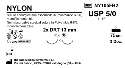 Sutura Nylon DRT 13 USP 5-0 - EP 1 75 cm Blue Double Armed; Box 36 pcs