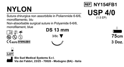 Sutura Nylon DS 13 USP 4-0  - EP 1.5 75 cm Blue Box 36 pcs