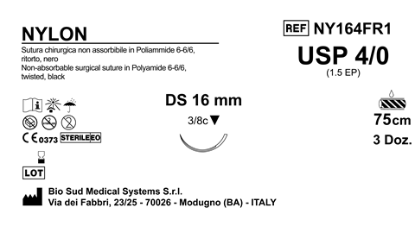 Sutura Nylon DS 16 USP 4-0  - EP 1.5 75 cm Black twisted Box 36 pcs