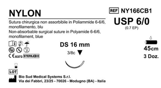 Sutura Nylon DS16 USP 6-0 - EP 0.7 45 cm Blue Box 36 pcs