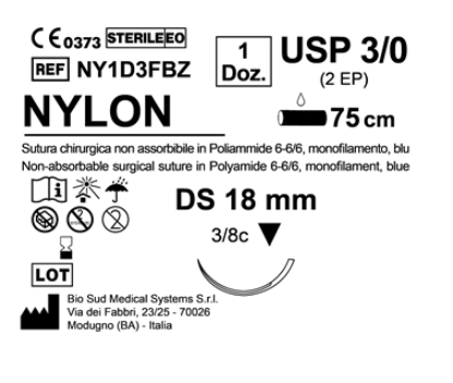 Sutura Nylon DS 18 USP 3-0 - EP 2 75 cm Blue Box 12 pcs