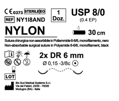 Sutura Nylon DR 6 USP 8-0 - EP 0.4 30 cm Black Double Armed  N.12 Bs. per Box