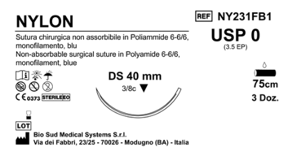 Sutura Nylon DS40 USP 0 - EP 3.5 75 cm Blue Box 36 pcs