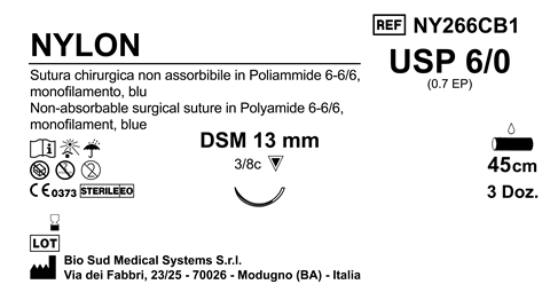 Sutura Nylon DSM 13 USP 6-0 - EP 0.7 45 cm Blue Box 36 pcs