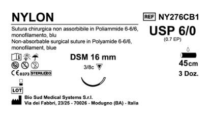 Sutura Nylon DSM16 USP 6-0 - EP 0.7 45 cm Blue Box 36 pcs