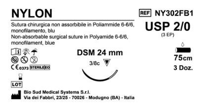 Sutura Nylon DSM24 USP 2-0 - EP 3 75 cm Blue Box 36 pcs