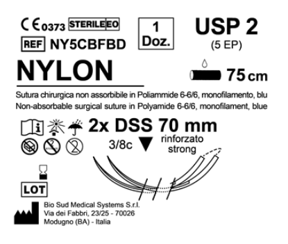 Sutura Nylon DSS 70 USP 2 - EP 5 75 cm Blue Double Armed  N.12 Bs. per Box