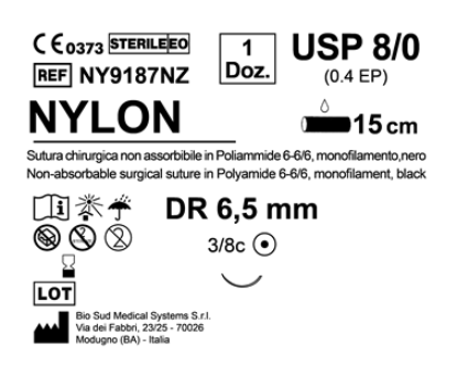Sutura Nylon DR 6.5 USP 8-0 - EP 0.4 15 cm Black Box 12 pcs